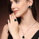 Rhodium Plated Silver Toned Green & White American Diamond Studded Triangular Shaped Pendant Combo With Ring