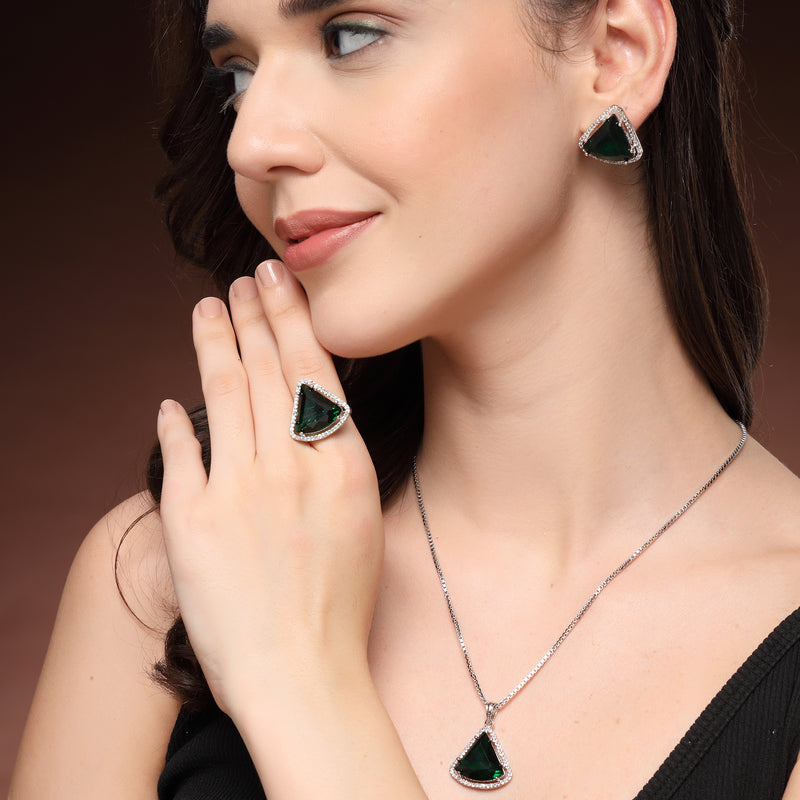 Rhodium Plated Silver Toned Green & White American Diamond Studded Triangular Shaped Pendant Combo With Ring