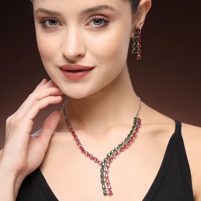 Rhodium Plated Silver Toned Teardrop Shaped Red & Green American Diamond Studded Jewellery Set