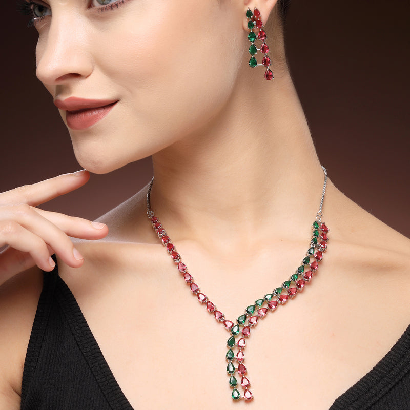 Rhodium Plated Silver Toned Teardrop Shaped Red & Green American Diamond Studded Jewellery Set