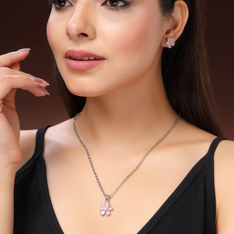 Rhodium Plated Silver Toned Pink American Diamond Studded Floral Shaped Pendant Set