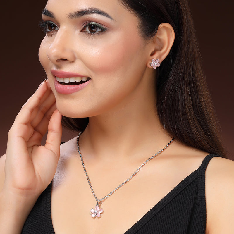 Rhodium Plated Silver Toned Pink American Diamond Studded Floral Shaped Pendant Set
