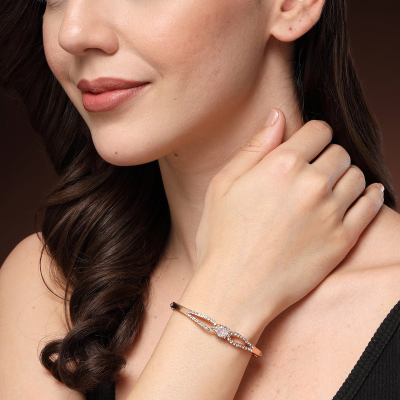 Rose Gold Plated Classic White American Diamond Studded Cuff Bracelet