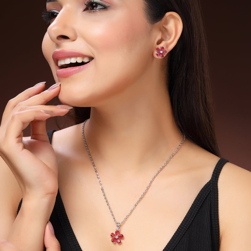 Rhodium Plated Silver Toned Red And White American Diamond Studded Floral Shaped Pendant Set