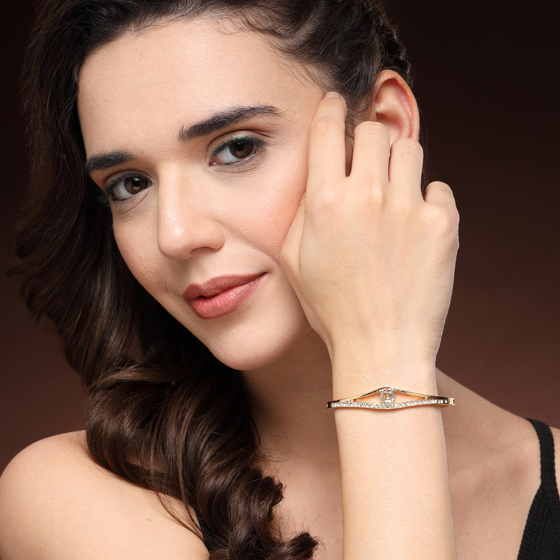 Gold Plated Classic White Cubic Zirconia Studded Cuff Bracelet