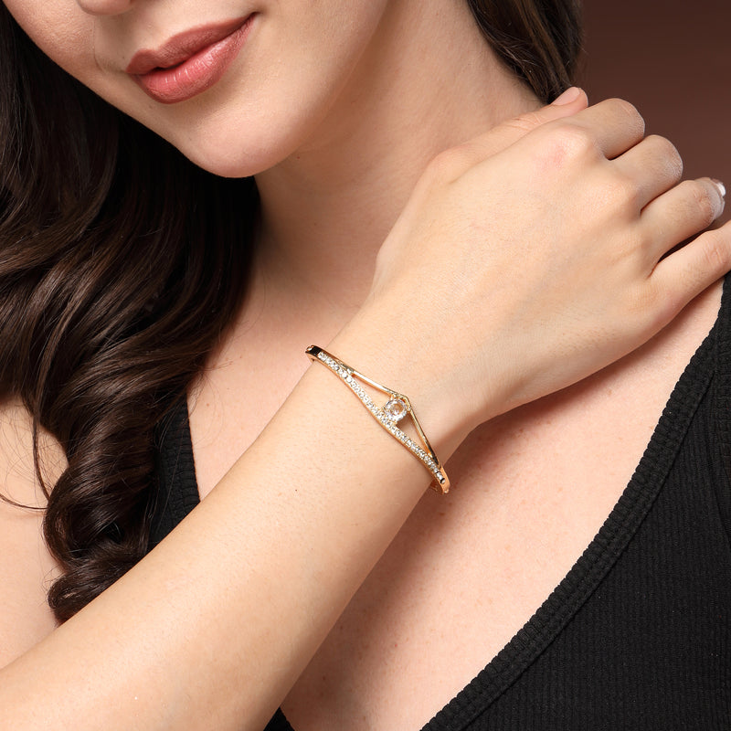 Gold Plated Classic White Cubic Zirconia Studded Cuff Bracelet