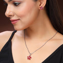 Rhodium Plated Silver Toned Red And White American Diamond Studded Floral Shaped Pendant Set