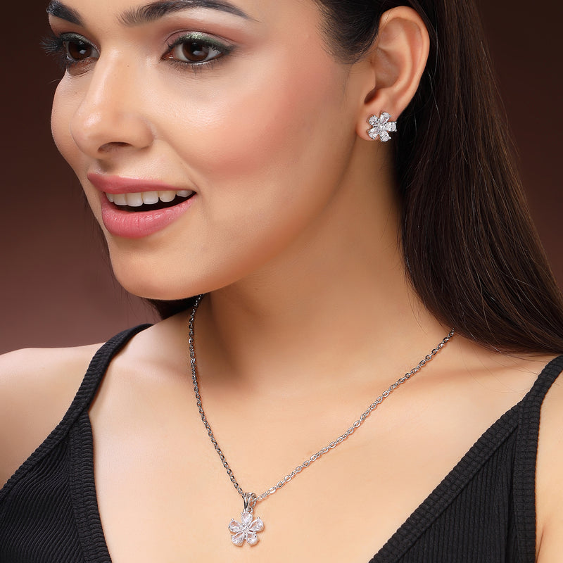 Rhodium Plated Silver Toned White American Diamond Studded Floral Shaped Pendant set