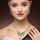 Rhodium Plated Silver Toned Rectangular Shaped Green & White American Diamond Studded Jewellery Set