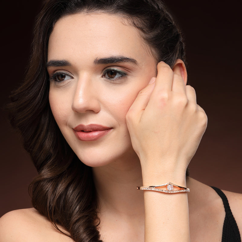 Rose Gold Plated Classic White Cubic Zirconia Studded Cuff Bracelet