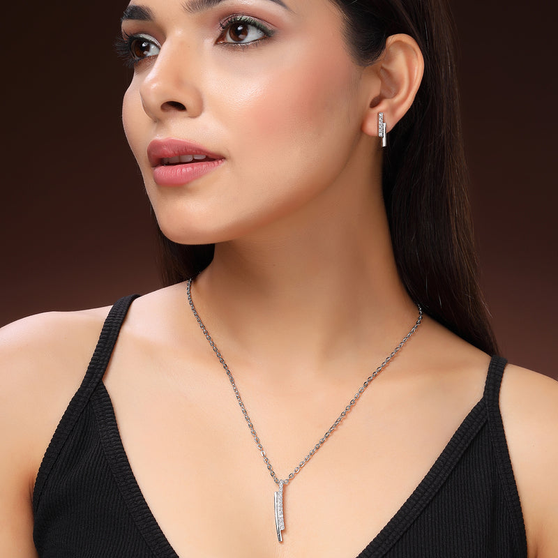 Rhodium Plated Silver Toned White Cubic Zirconia Studded Bar Shaped Pendant Set