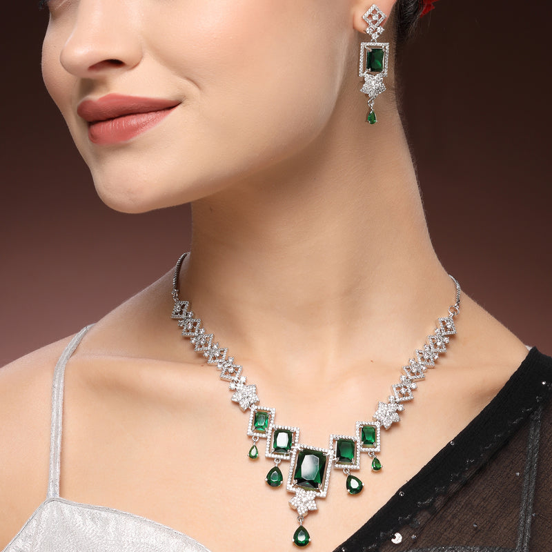 Rhodium Plated Silver Toned Rectangular Shaped Green & White American Diamond Studded Jewellery Set