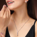 Rhodium Plated Silver Toned White Cubic Zirconia Studded Bar Shaped Pendant Set