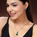 Rhodium Plated Silver Toned Green And White American Diamond Studded Square Shaped Pendant Set