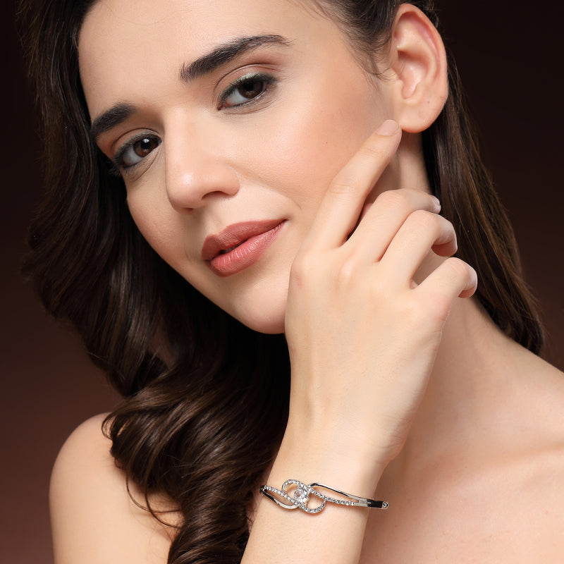 Rhodium Plated Silver Toned White Classic Cubic Zirconia Studded Cuff Bracelet