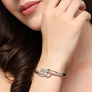 Rhodium Plated Silver Toned White Classic Cubic Zirconia Studded Cuff Bracelet