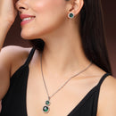 Rhodium Plated Silver Toned Green And White American Diamond Studded Square Shaped Pendant Set