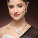 Rhodium Plated Silver Toned Rectangular Shaped White American Diamond Studded Jewellery Set