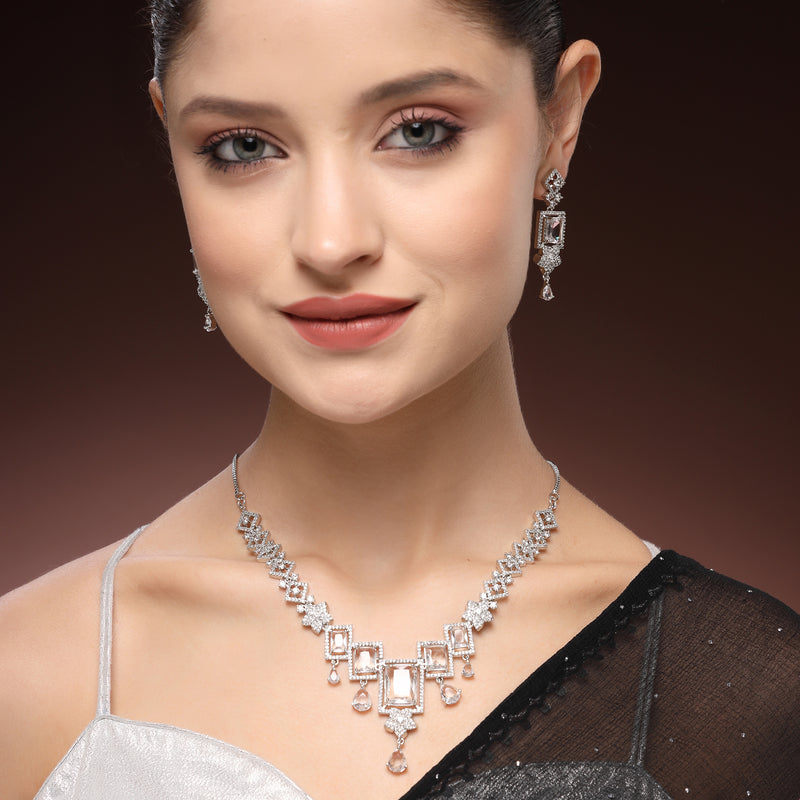 Rhodium Plated Silver Toned Rectangular Shaped White American Diamond Studded Jewellery Set