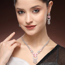 Rhodium Plated Silver Toned Floral Shaped Pink & White American Diamond Studded Jewellery Set