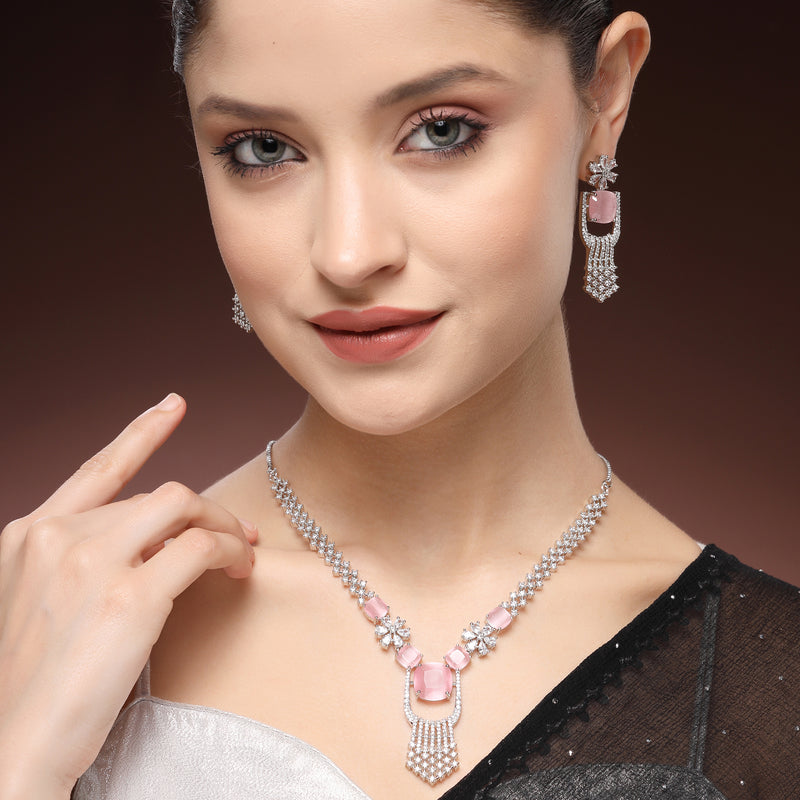 Rhodium Plated Silver Toned Floral Shaped Pink & White American Diamond Studded Jewellery Set