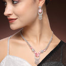 Rhodium Plated Silver Toned Floral Shaped Pink & White American Diamond Studded Jewellery Set