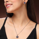 Rhodium Plated Silver Toned Blue And White American Diamond Studded Leaf Shaped Pendant With Chain