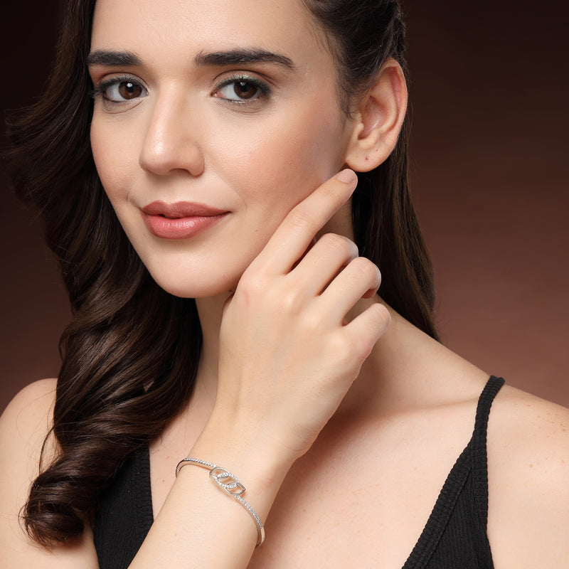 Rhodium Plated Silver Toned White Cubic Zirconia Studded Cuff Bracelet