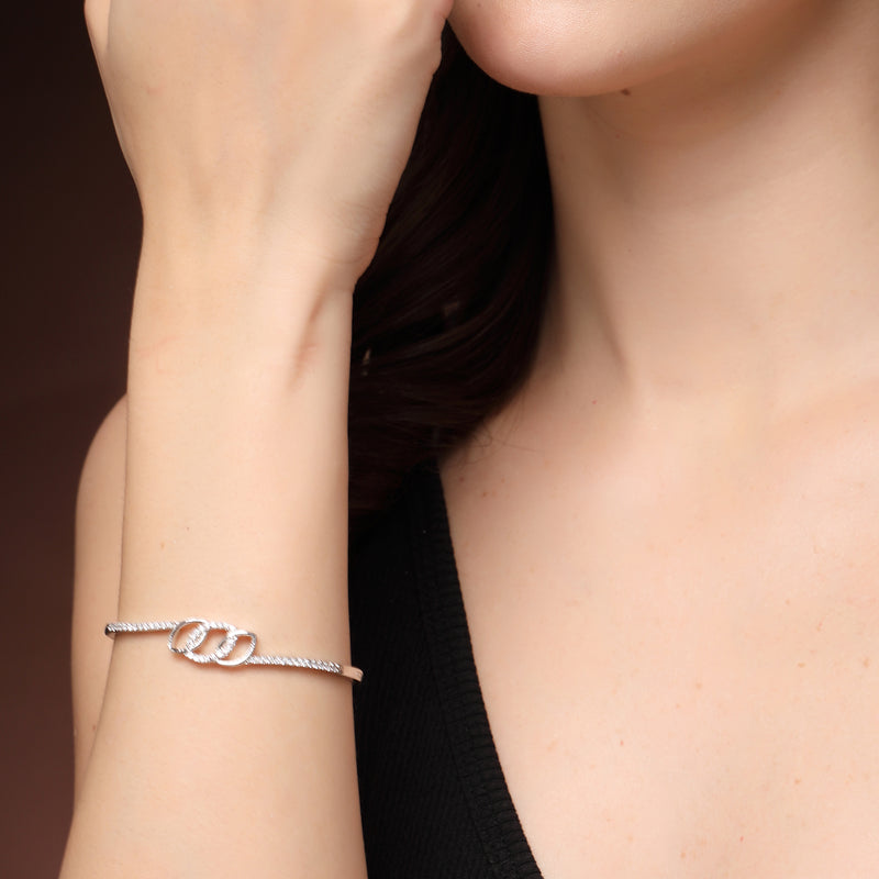 Rhodium Plated Silver Toned White Cubic Zirconia Studded Cuff Bracelet