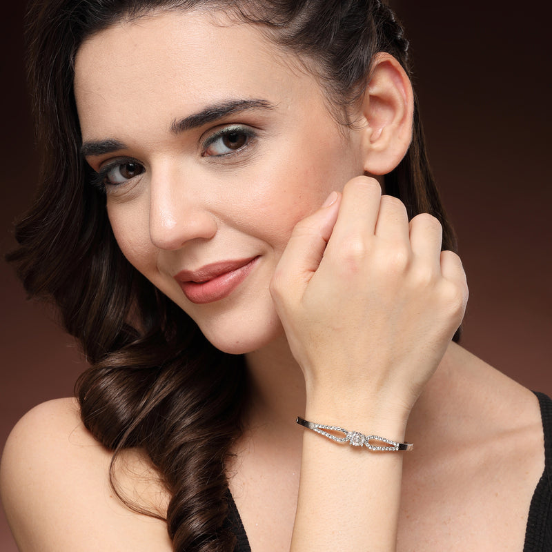 Rhodium Plated Silver Toned Classic Cubic Zirconia Studded Cuff Bracelet