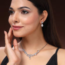 Rhodium Plated Silver Toned Floral Shaped White American Diamond Studded Jewellery Set