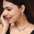Rhodium Plated Silver Toned Floral Shaped White American Diamond Studded Jewellery Set