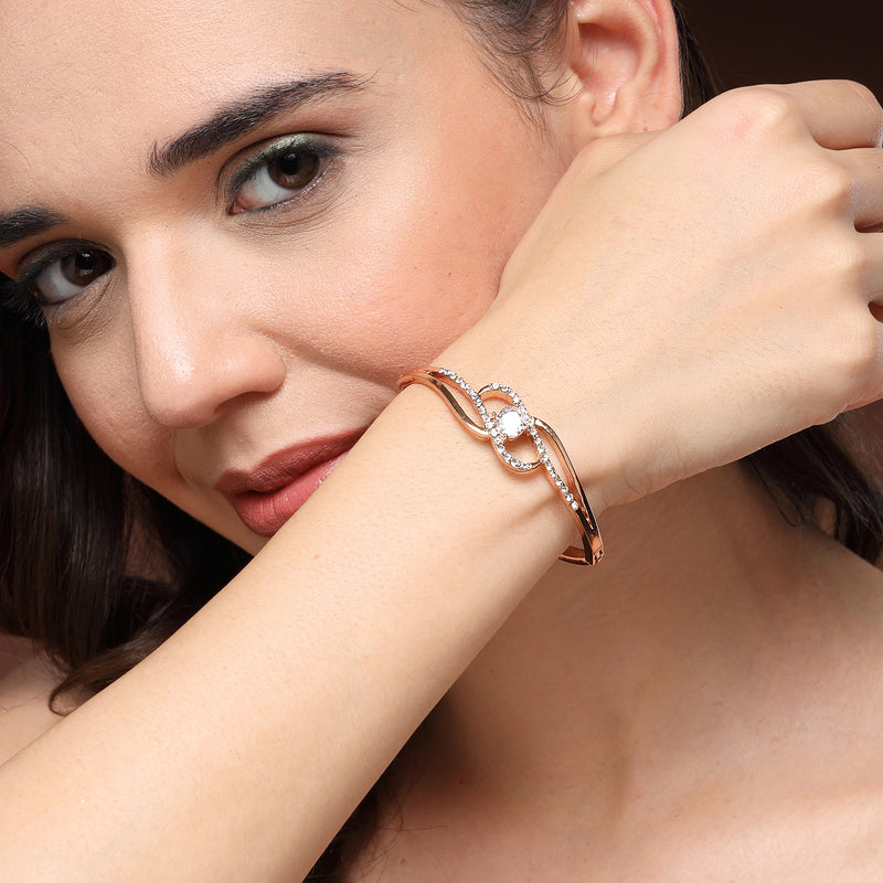 Rose Gold Plated Classic White Cubic Zirconia Studded Cuff Bracelet