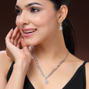 Rhodium Plated Silver Toned Teardrop Shaped Pink And White American Diamond Studded Jewellery Set