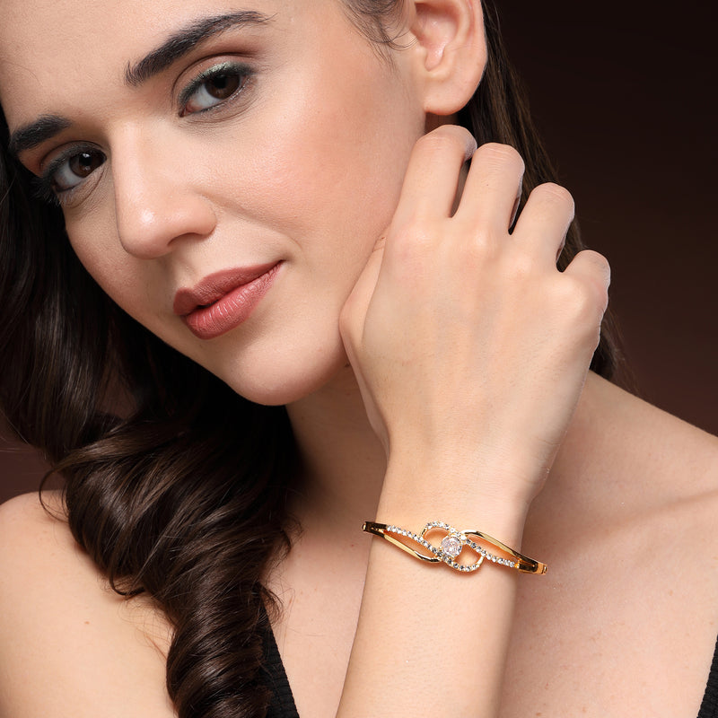 Gold Plated Classic White Cubic Zirconia Studded Cuff Bracelet