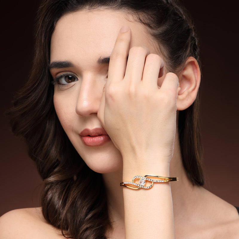 Gold Plated Classic White Cubic Zirconia Studded Cuff Bracelet