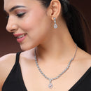 Rhodium Plated Silver Toned Teardrop Shaped Pink And White American Diamond Studded Jewellery Set