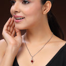 Rhodium Plated Silver Toned Red And White  American Diamond Studded Leaf Shaped Pendant With Chain