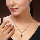 Rhodium Plated Silver Toned Green American Diamond Studded Leaf Shaped Pendant With Chain