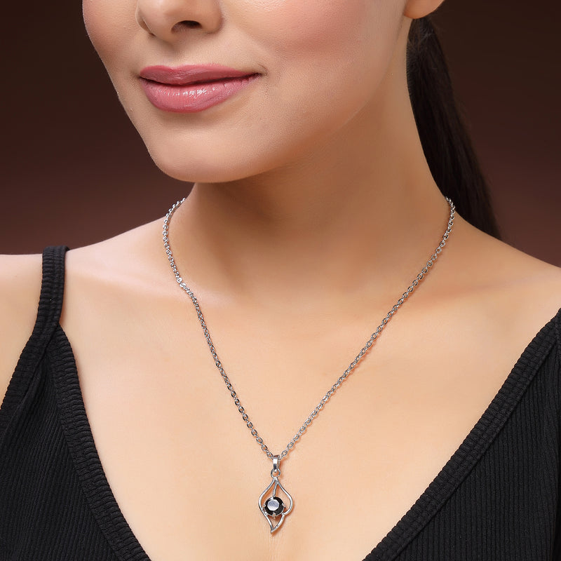 Rhodium Plated Silver Toned Blue American Diamond Studded Leaf Shaped Pendant With Chain