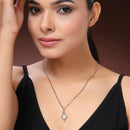 Rhodium Plated Silver Toned Sea Green American Diamond Studded Leaf Shaped Pendant With Chain