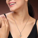 Rhodium Plated Silver Toned Sea Green American Diamond Studded Leaf Shaped Pendant With Chain