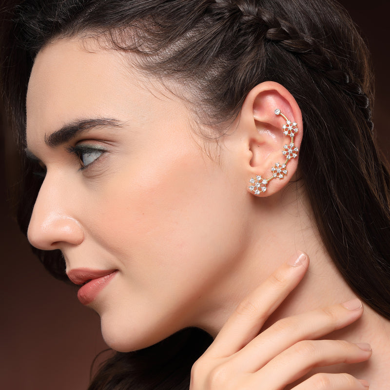 Gold Plated Floral Shaped American Diamond Studded Ear Climber Earrings