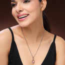 Rhodium Plated Silver Toned Pink American Diamond Studded Leaf Shaped Pendant With Chain