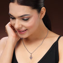 Rhodium Plated Silver Toned Purple American Diamond Studded Leaf Shaped Pendant With Chain