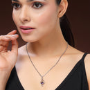 Rhodium Plated Silver Toned Purple American Diamond Studded Leaf Shaped Pendant With Chain