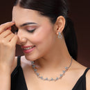 Rhodium Plated Silver Toned Rose Shaped White American Diamond Studded Jewellery Set