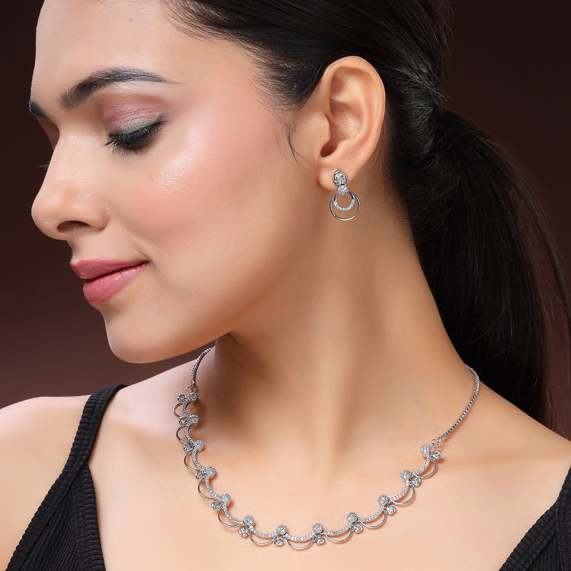 Rhodium Plated Silver Toned Rose Shaped White American Diamond Studded Jewellery Set