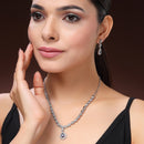 Rhodium Plated Silver Toned Teardrop Shaped Blue & White American Diamond Studded Jewellery Set