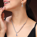 Rhodium Plated Silver Toned Teardrop Shaped Blue & White American Diamond Studded Jewellery Set